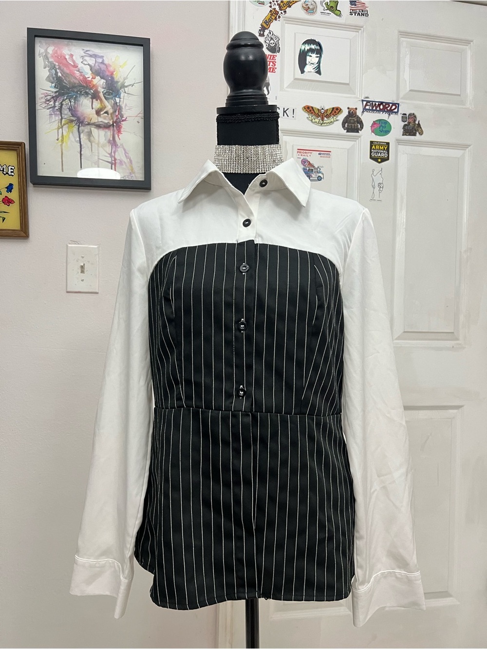 White and Black Pinstripe Contrast Men's Shirt